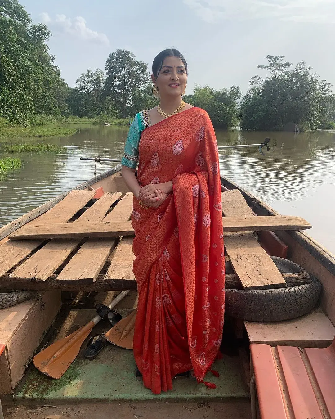 ETV Abhiruchi Madhuri Kandavalli In Traditional Orange Saree Blue Blouse